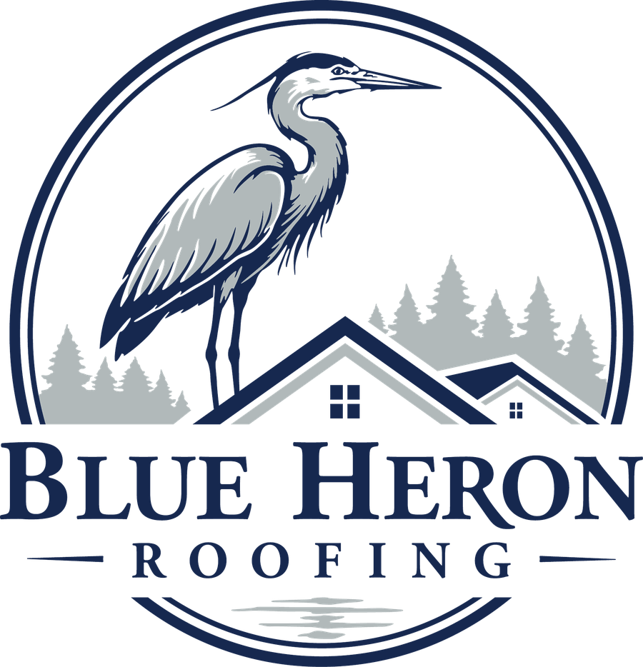 Blue Heron Roofing emblem featuring a great blue heron standing on a rooftop